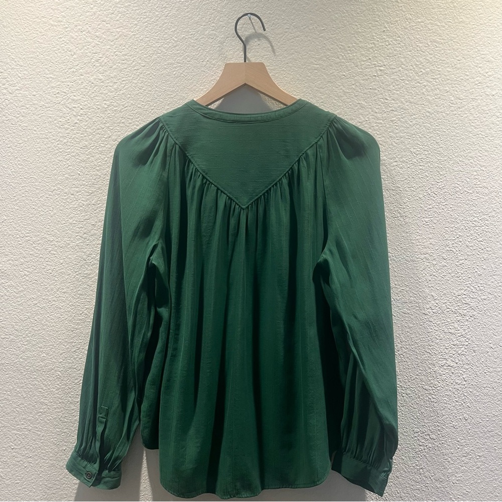Maeve by Anthropologie Avignon Dark Green Pleated Button Front Stripe Blouse S - Picture 6 of 9